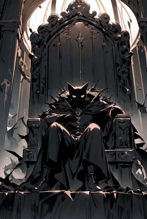 A black cat with chaos all around him in his throne 