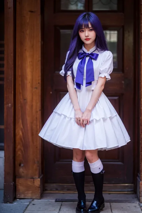 (masterpiece, best quality), 1girl, frederica bernkastel, purple eyes, purple hair, long hair, purple bow, dress, frills, white kneehighs,  kneehighs bow, mary janes, amazingly beautiful girl, 32k RAW photography, professional photoshoot, ultra detailed,