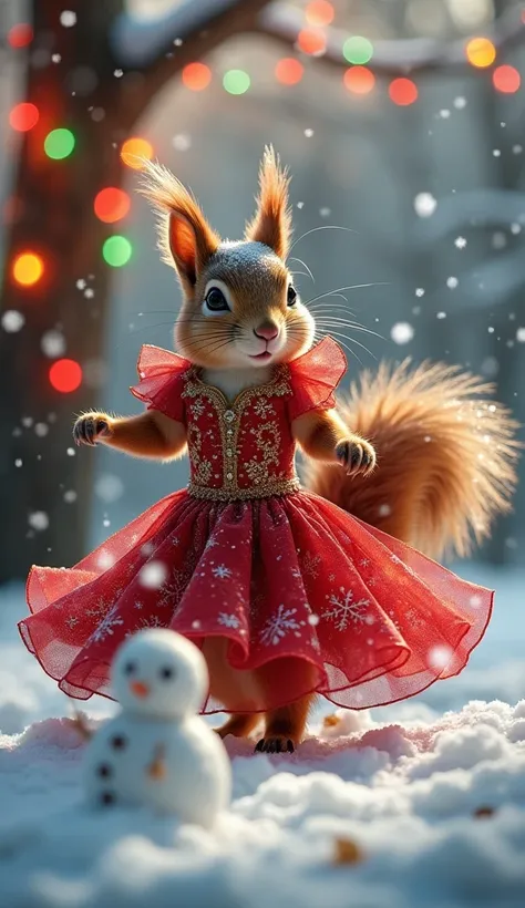  A beautiful ultra realistic squirrel wearing a gorgeous red dress,  clothes with gold details, Dancing in the snow,  in the tree background with colored lights , and snowman 