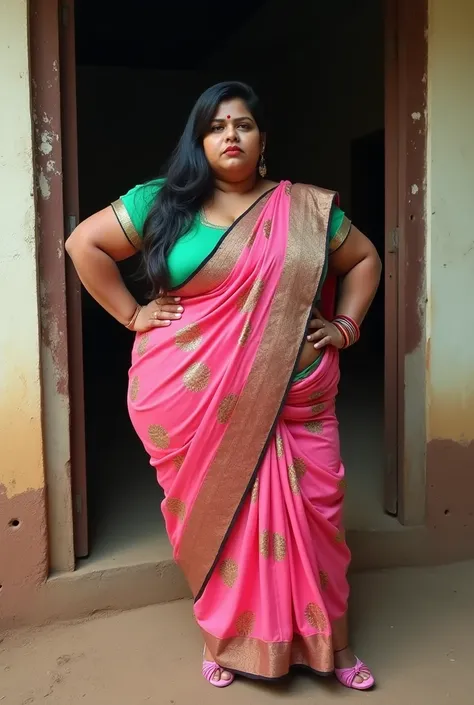 Indian extreme plus size BBW chubby fat busty dark skinned wide woman with dusty face with large breast and large extreme fat curvey figure and wide shoulder and long hair and wearing green deep neck tight fitting blouse with displaying big cleavage and di...