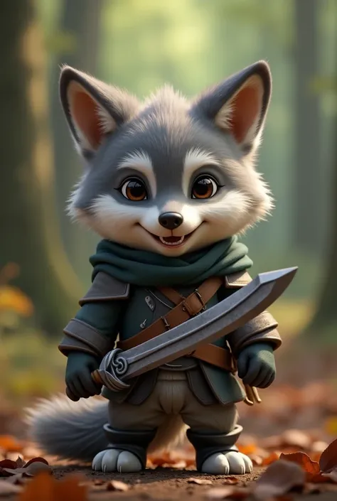 Realistic cinematic image of a baby wolf with a cute little face, smiling, anthropomorphic, dressed as a swordsman and holding a sword, in a fantasy style. Background shows forest floor, UHD, 4K. Part 1 of the series: Creating animated content with AI