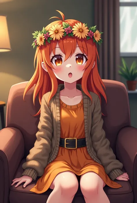 as Yuuki,  orange eyes and orange hair . She wears a hippie dress with belt , On top of that a knitted hippie jacket . She is sitting on the sofa ,  wears a floral hippie band on his forehead and looks at the television and looks astonished 