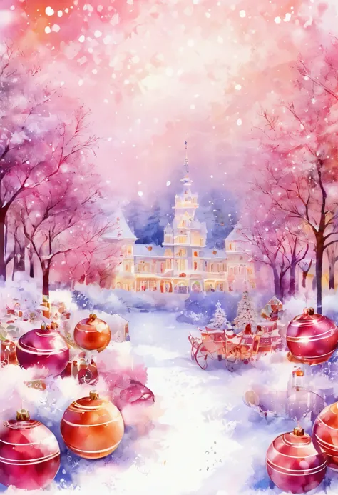  Watercolor風 , postcard art,    White Christmas,  in the woods,  pale shade,   Christmas Background Images with Lots of Christmas Details,   Detailed Christmas Decorations    ,   ライトグリーンがかったブルーの gradient background  ,    White Pink and Light Red Orange   ,...