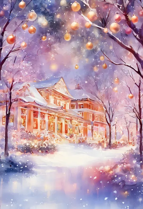  Watercolor風 , postcard art,    White Christmas,  in the woods,  pale shade,   Christmas Background Images with Lots of Christmas Details,   Detailed Christmas Decorations   ,   ライトグリーンがかったブルーの gradient background  ,    White Pink and Light Red Orange   , ...