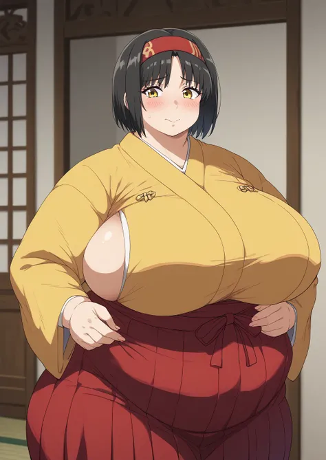 Erika, Erica,    yellow eyes  ,  Black Hair,  red headband,   short hair,  yellow kimono, Well-formed kimono,   Long Sleeve  ,  red hakama, score_9,   score_8_ up,   score_7_ up,   score_6_ up,   score_5_ up,   score_4_ up,     masterpiece   ,   top qualit...