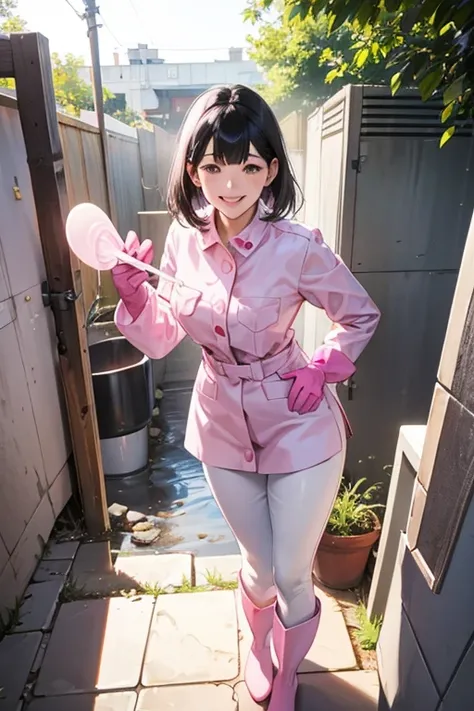  pink long rubber gloves　　White rubber boots　long sleeve jellyfish work clothes 　 mature woman with black hair gathered together 　Toilet cleaning　smile　Dirty outdoor toilet