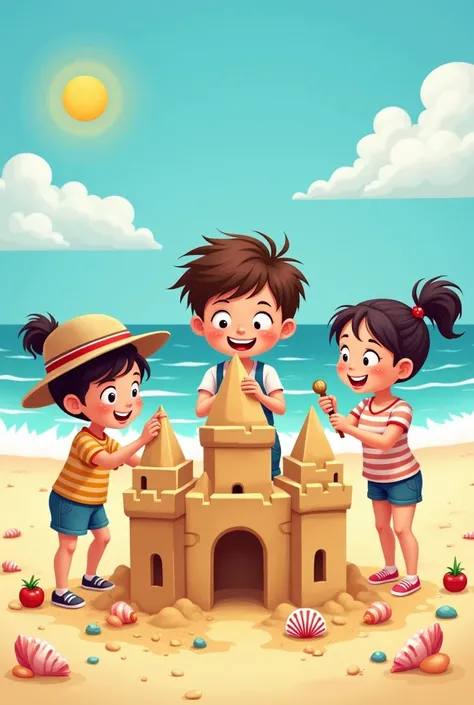 1 boy , 2 girl s making sand castle in cartoon images