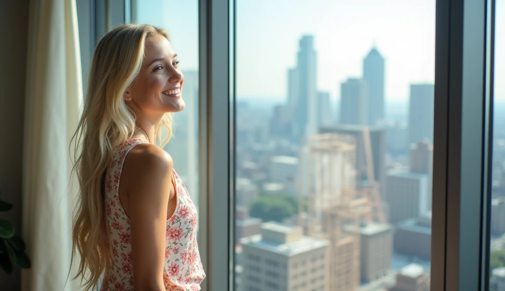  High quality. A real girl with 18 years old with beyond floor length blonde hair and see her "whole" body standing on the right of floor to ceiling window, must see her whole body. The scenario of window shows summer city in modern city. This graph MUST s...