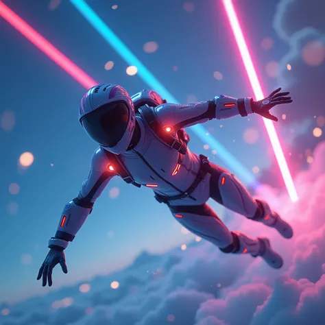 
animated futuristic skydiver with mask and neon lights falling looking at the viewer with neon lights and in the background the sky with neon lights