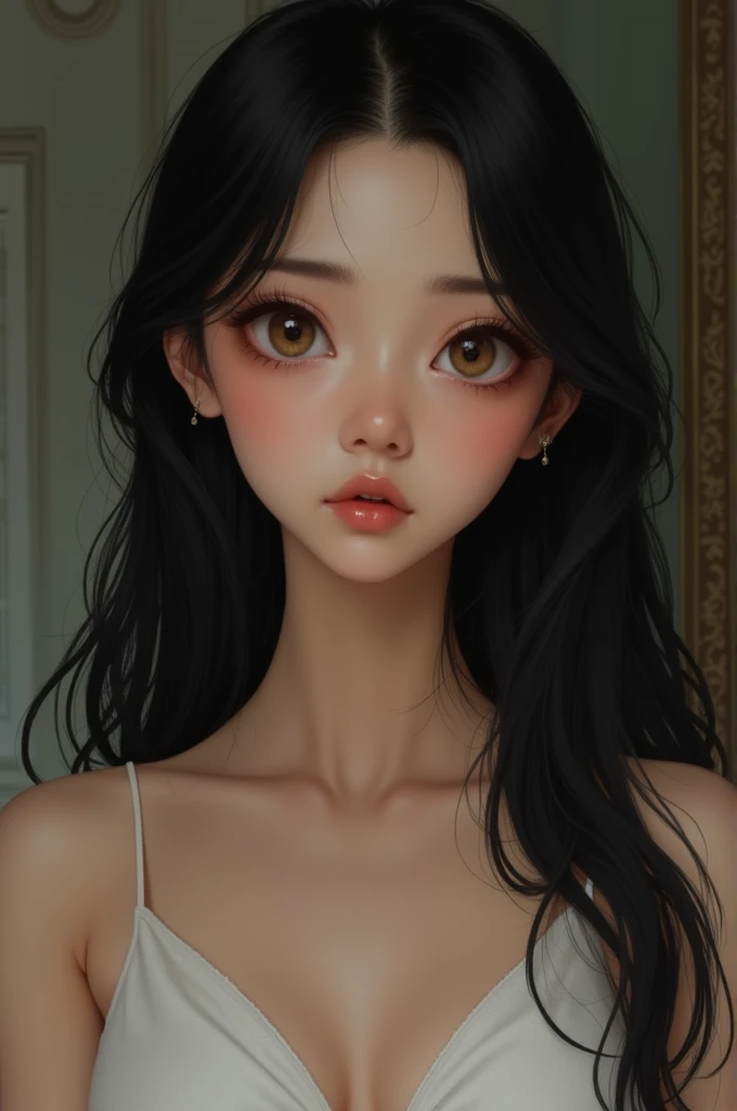  Portrait of a young woman with straight black hair that falls lower than her shoulders,  large and expressive light brown eyes . Her face is V-shaped ,  with delicate and beautiful features that convey a natural tenderness .  She is thin due to malnutriti...