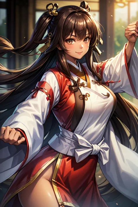 (1 yung girl wearing hanfu:1.5), (smile:1.1), (closed mouth:1.2), (gray eyes:1.1), (brown hair:1.5), sidelocks, ahoge, covering ears, (high two side up hair:1.2), (long hair:1.5), (brown-skin:1.5), tight waist, (large breasts:1.3), (holding large book:1.3)...