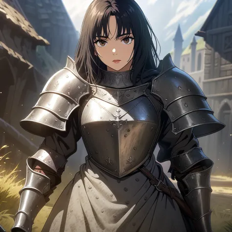 masterpiece, best quality, game cg, 1woman, solo, female focus, looking at viewer, depth of field, black hair, brown eyes, human, medieval, metal armor, berserk,