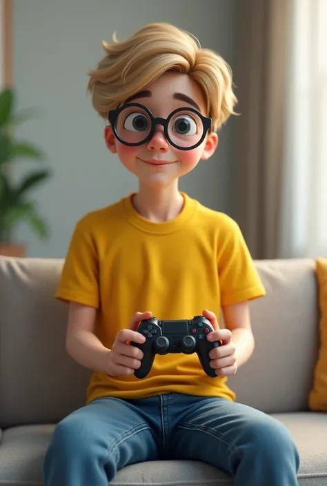  Realistic gif character game yellow t-shirt glasses, Blonde hair wears jeans with video game in hand .