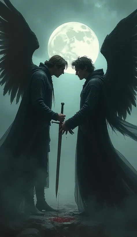  Two majestic angels face each other in a gloomy sky ,  one of them with wings of a intense and the other with wings that seem to be made of darkness itself,  as if they had been woven with the shadows of the night .  The angel with dark wings is being sta...