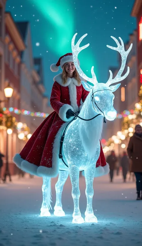 Northern Europe,
Woman dressed as Santa Claus,
(riding an ice reindeer,
The completely transparent reindeer is shining), 
beautifully decorated city street on Christmas Eve. 
The street is illuminated by a myriad of colorful Christmas lights, shimmering wr...