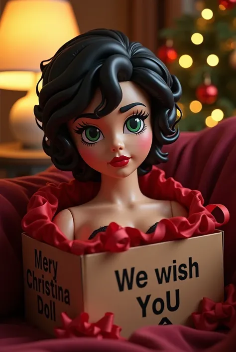 We wish you a Mery Christina, hyper-realistic, full body inflatable doll in a box, inside a doll box written MERY CHRISTINA on the top and INFLATABLE DOLL on the bottom, inflatable doll of a beautiful young adult woman with tanned skin, short curly black h...