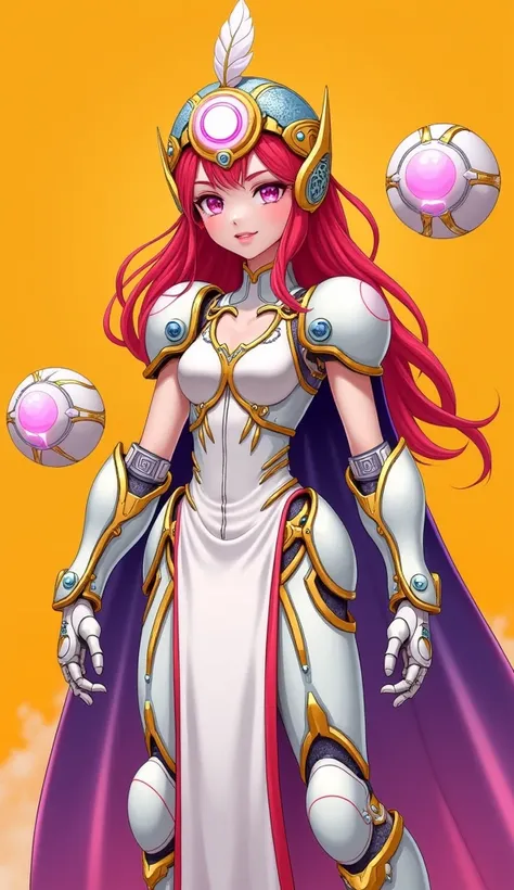 A character with a blend of mechanical and fantasy elements, set against a bright orange background. The character is a young princess with vibrant red hair, styled to convey motion, and glowing pink eyes. She wears a futuristic mechanical helmet designed ...