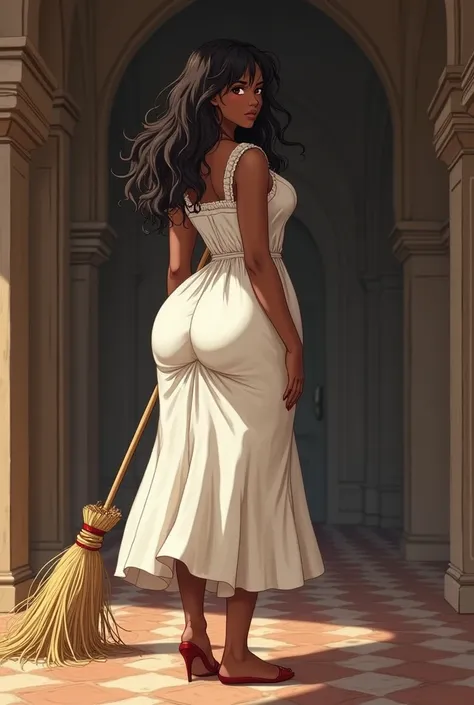 Black woman from anime. Dark black brown skin .  Long messy smooth hair with the fringe hitting the forehead . beautiful and defined body. Big and firm breasts and butt . Medieval European peasant and caipira dress in white.  The atmosphere takes place in ...