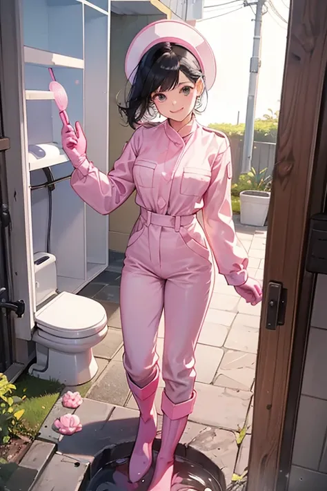  pink long rubber gloves　　White rubber boots　long sleeve jellyfish work clothes 　 mature woman with black hair gathered together 　Toilet cleaning　smile　Dirty outdoor toilet