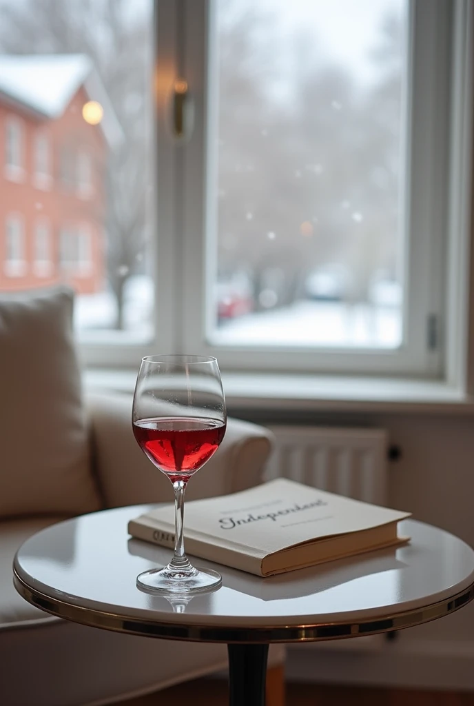 first person image,  with a glass of red wine placed on an elegant small table,  next to a closed book with the cover written Independent .  The background shows a modern and feminine office , with soft-toned furniture , Mostly white ,  creating a cozy and...