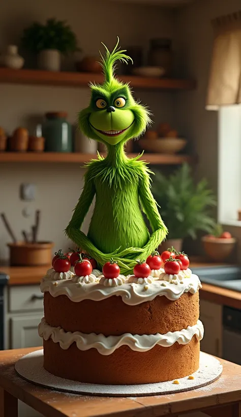 They are in the kitchen at the table a very delicious cake and in the cake a figure of the Grinch 