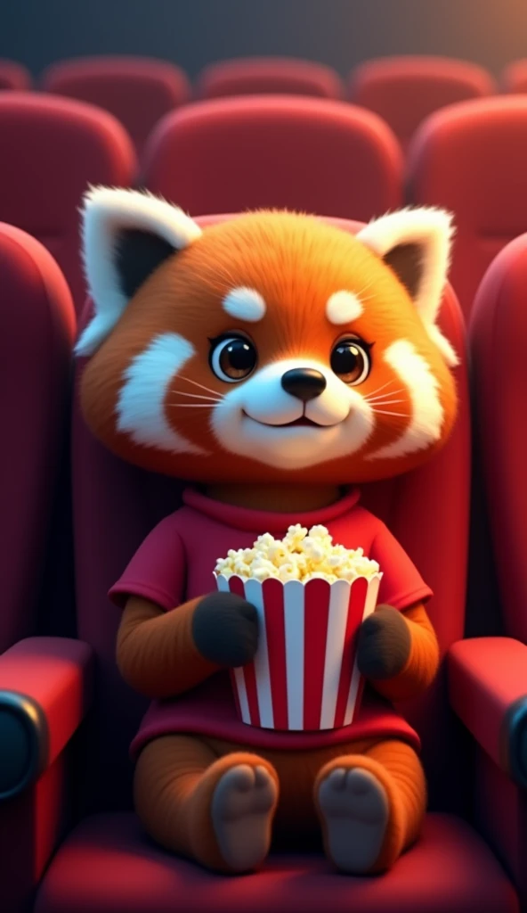 “A cartoon red panda with cute features wearing a red shirt, sitting in a warmly lit cinema seat, holding a box of popcorn with red and white stripes. The cinematic lighting is dim but brings out the natural fur and texture details very realistically. The ...