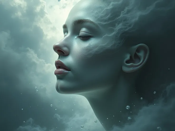 "A surreal transparent human face, with serene and ethereal features,  intertwined with a violent storm .  Dark clouds blend with the contours of the face ,  as rays and winds whirl in harmony with facial expressions .  The eyes reflect calm and depth ,  l...