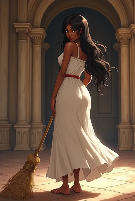 Black woman from anime. Dark black brown skin .  Long messy smooth hair with the fringe hitting the forehead . beautiful and defined body. Big and firm breasts and butt . Medieval European peasant and caipira dress in white.  The atmosphere takes place in ...