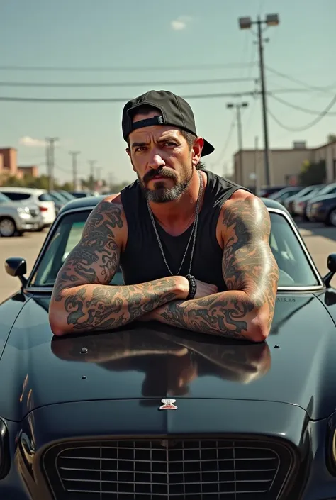 Man with mustache, tattooed and a hat backwards ,  resting on a sports car in a parking lot.