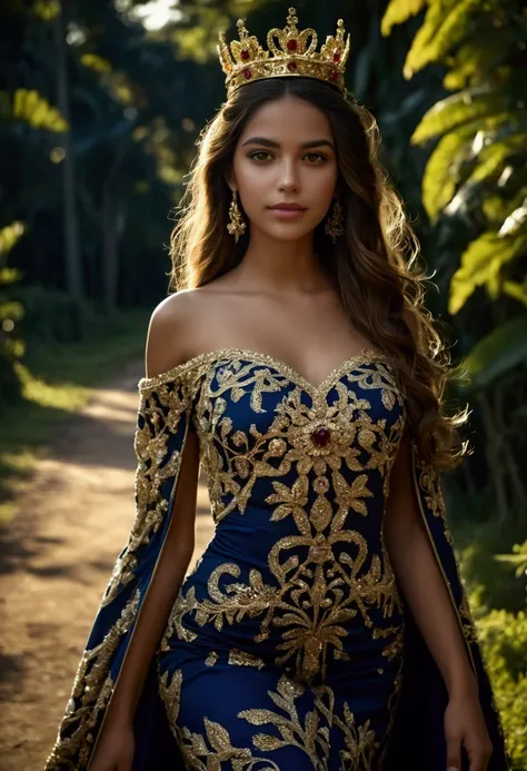 (Ultra 4K) Beautiful young girl ,Who is a queen of Brazil , dressed in a beautiful crown  , and a beautiful monarch-style floral dress,walking 