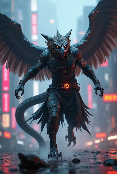 A combination of a eagle and a and a snake in a cyberpunk monk fighting outfit 