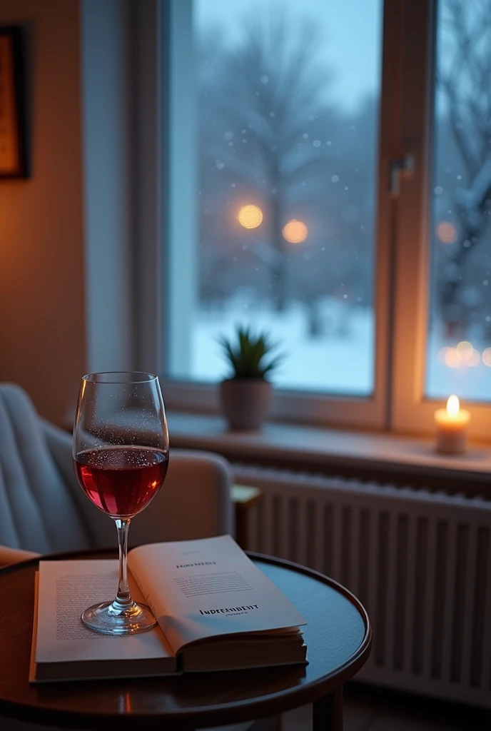 first person image,  with a glass of red wine placed on an elegant small table,  next to a closed book with the cover written Independent .  The background shows a modern and feminine office , with soft-toned furniture , Mostly white ,  creating a cozy and...