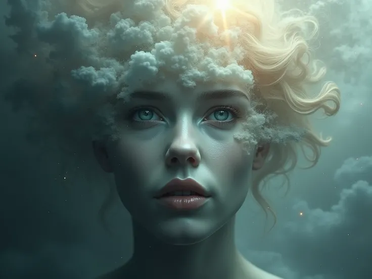 "A surreal human face ,  with serene features , transparent and ethereal ,  intertwined with a violent storm .  Dark clouds mingle and inside the face,  as rays and winds whirl in harmony with facial expressions .  The eyes reflect calm and depth ,  like t...