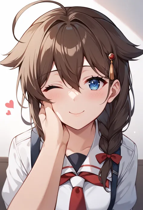 (masterpiece), highly detailed, best quality, 1girl, NSFW, shigure (kancolle), 1girl, blue eyes, ahoge, hair flaps, single braid, brown hair, long hair, hair between eyes, 1girl, solo, long hair, red neckerchief, close up, from above, pov, indoor, one eye ...