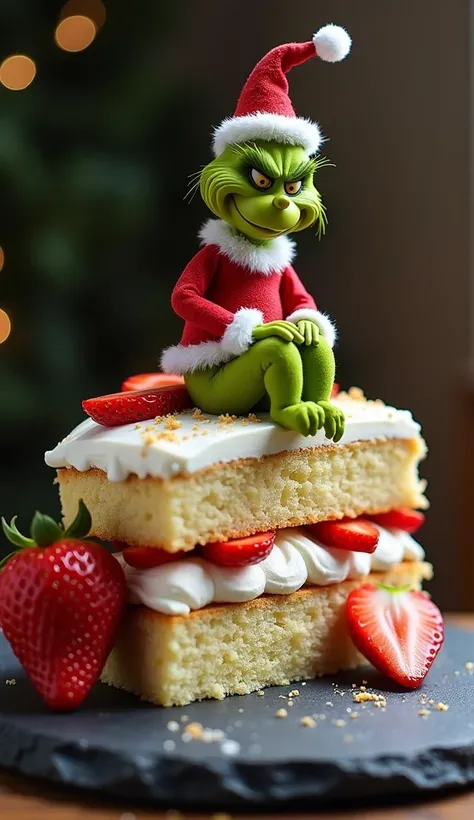 "A realistic slice of strawberry shortcake with layers of soft sponge cake, fresh whipped cream, and strawberry slices. On top of the cake, a detailed and realistic figure of the Grinch, sitting mischievously. The Grinch is wearing his signature red Santa ...