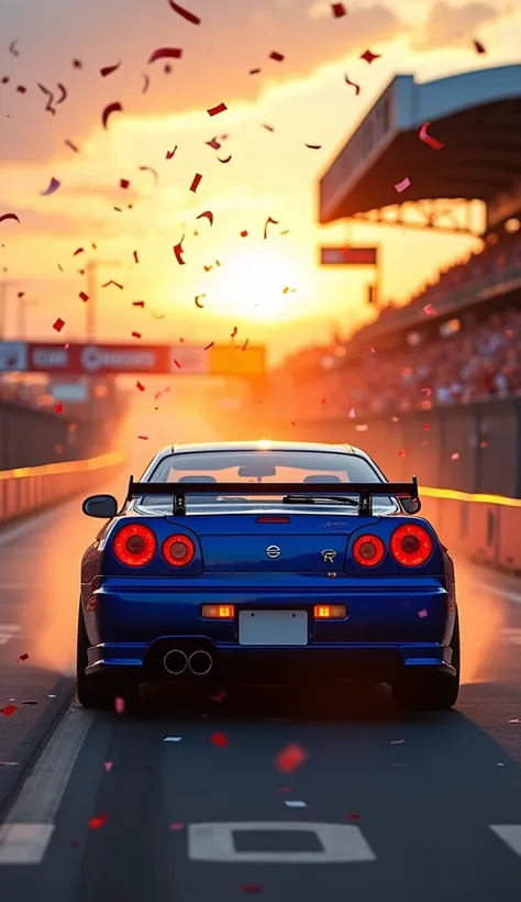 A triumphant scene of a Nissan Skyline GTR R33 in deep royal blue crossing the finish line of a racing track at sunset. The golden light bathes the car, emphasizing its glossy paint and gleaming details. Confetti rains down from above, and blurred motion c...