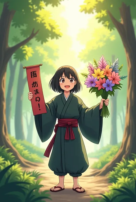 ""An anime-style ninja stands in a peaceful forest during a calm morning. The ninja, wearing a traditional Japanese outfit, smiles warmly. In one hand, they hold a bouquet of flowers, and in the other, they hold a banner that says Good Morning, Nunuma. The...