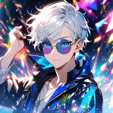 boy with white hair, short hair, blue eyes, glitter effect,  round sunglasses  