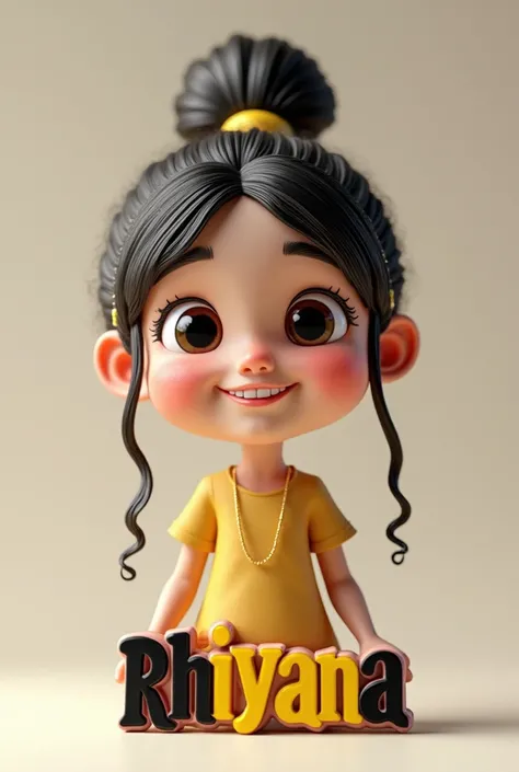 " 3D caricature of a girl, key chain in High-quality realistic photo, and there is the name RHIYANA in 3D letter style, embossed and realistic, in black yellow, indium white and black,