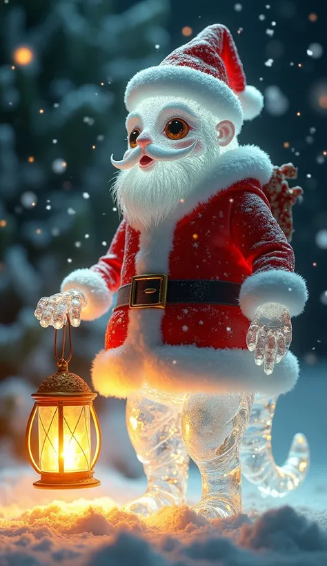 A hyper-realistic, high-quality image of an unidentified, fantastical creature composed entirely of shimmering, translucent crystal. The creature is dressed in a festive Santa costume, with intricate red and white details that contrast beautifully against ...