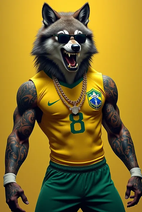 A muscular, tattooed werewolf wearing Brazils national soccer uniform and wearing sunglasses and a thick gold chain with a diamond pendant written R3P 