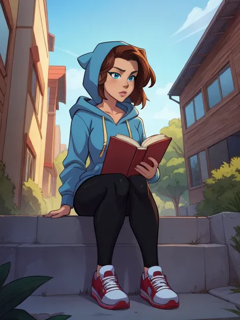 (best quality:1.3), (4K quality),masterpiece, best quality, high res, detailed, (Detailed face:1.2), (Detailed eyes:1.2), (Perfect figure:1.2), CARTOON, ANIME, CARTOON ARTSTYLE, a woman in her early 20s, shes a college freshman, brown hair, blue eyes. Shes...