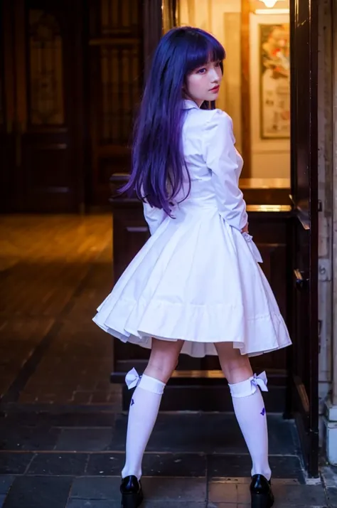 (masterpiece, best quality), 1girl, frederica bernkastel, purple eyes, purple hair, long hair, purple bow, dress, frills, white kneehighs,  kneehighs bow, mary janes, amazingly beautiful girl, 32k RAW photography, professional photoshoot, ultra detailed, f...