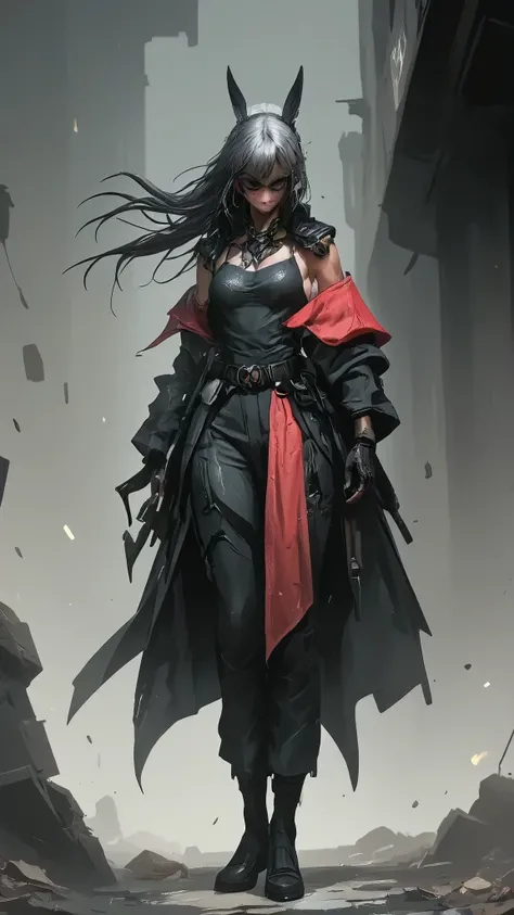 (Cruel mecha female ninja: 1.3, Mechanic with covered body, AWP heavy on the back , digital reflex camera , light tracking, 3D, arte conceptual, Action painting, cinematographic lighting , chiaroscuro) :(1.3). Highlighting the curve of the chest, long ...