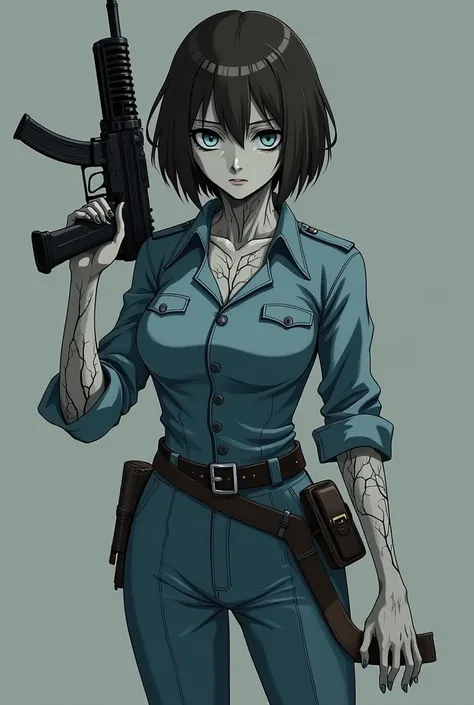  I want you to create the main character of Helsing for me. She has short hair, well chopped up even though ,  with a small fringe on the front ,  very light blue eyes ,  looking almost dead ,  but still maintaining the bluish tone .  Her hair is brown .  ...