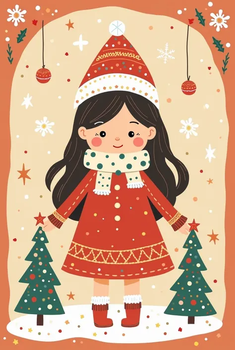 One     Christmas card design, (    Christmas:1.5), (    Simple Design    :0.5),   Cute Illustration  , Girly Style , flat, (   Scandinavian style:1),   Ornate Colours ,  colorful   , 