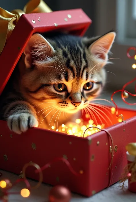 Cat view inside Santa Claus Christmas gift box