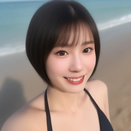 (kawaii 24 year-old Japanese girl, Nogizaka idol, Korean idol), healthy female athlete body, (glossy black hair, short hair, pixie cut, bangs:1.3), (rounded face, beautiful black eyes, single eyelid, no makeup:1.2), (big laughing, well whitened even teeth,...