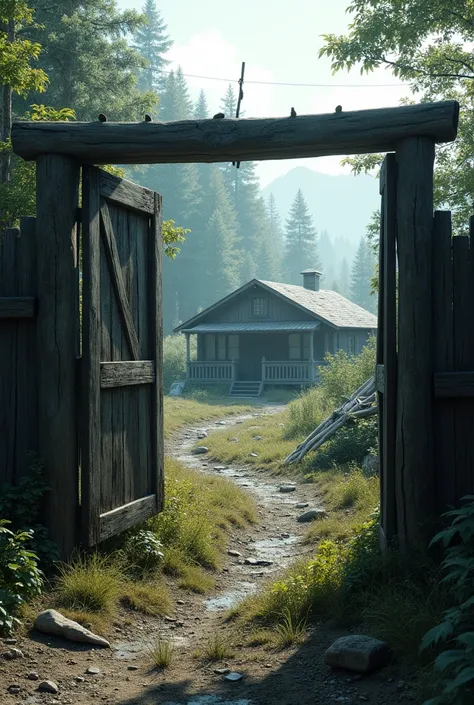 an abandoned compound with an open gate from metal and wood, and in the background there is some chalet, it is like a camp