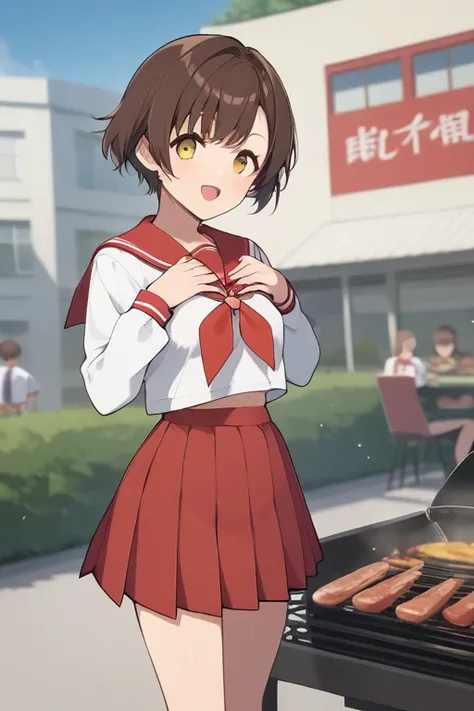 score_9, score_8_ up, score_7_ up,  source_Anime, Kusakabe Mishio ,  short hair, Brown Hair,  yellow eyes,,  skirt,  Long Sleeve ,  school uniform, pleated  skirt, Sera Clothing,  sailor color ,  neckerchief , red  skirt, ryouou  school uniform,, backyard,...